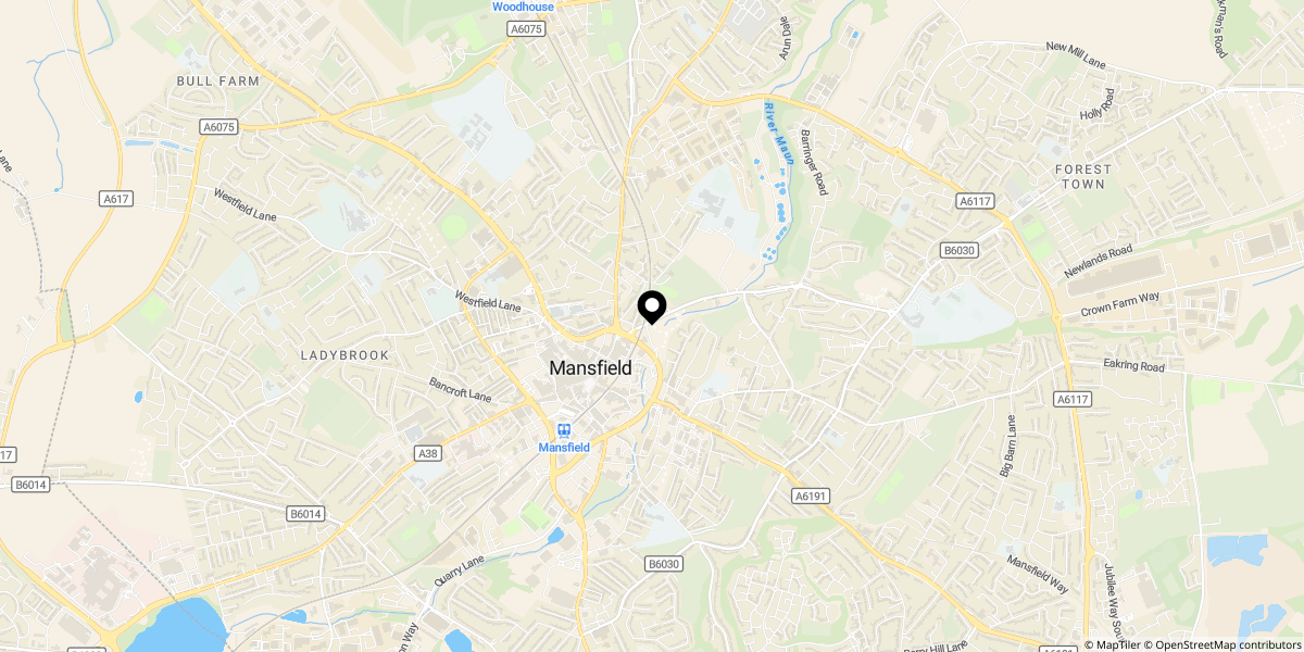 Approximate location of Clock Tower Apartments, Rock Valley, Mansfield, Nottinghamshire, NG18 2HT